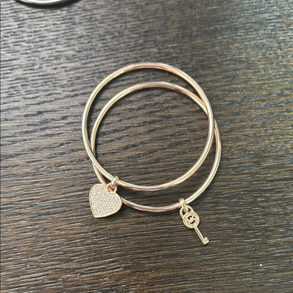Rose Gold Heart and Key Charm Bangle Set